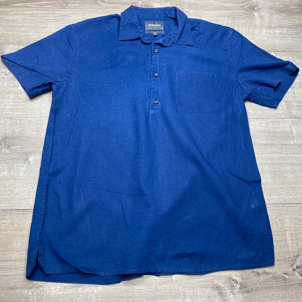 Bonobos Henley Shirt Mens M Blue Good Linen Cotton Slim Fit Short Sleeve Popover